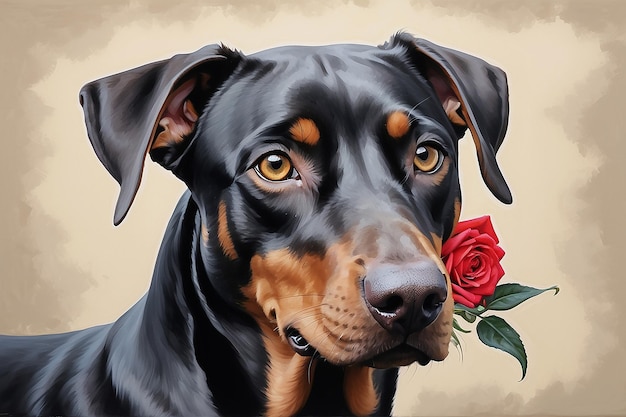 A painting of a doberman pinscher with a red rose in its mouth