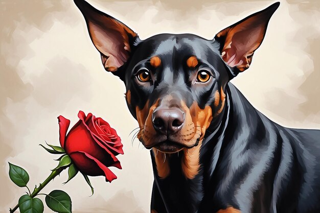 A painting of a doberman pinscher with a red rose in its mouth