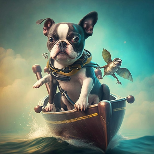 Painting of a dog in a boat with birds flying around generative ai