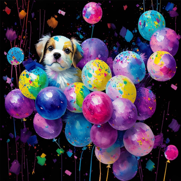 Foto un dipinto di un cane in un mucchio di palloncini