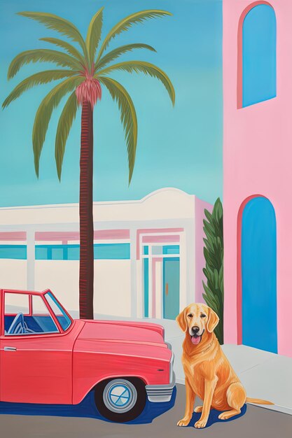 Photo a painting of a dog and a car with a palm tree in the background