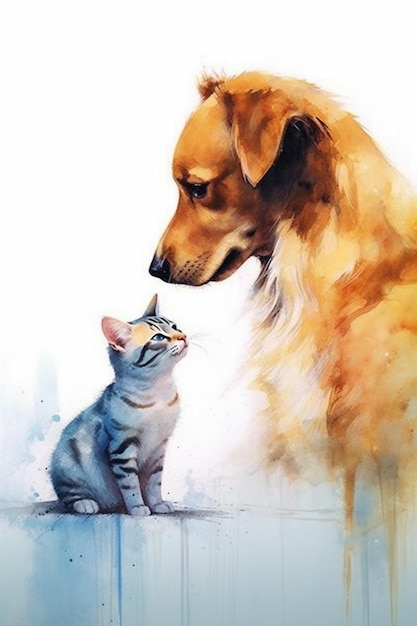 painting of a dog and a cat are sitting together generative ai