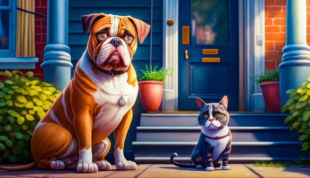 Painting of dog and cat sitting on the steps of house Generative AI