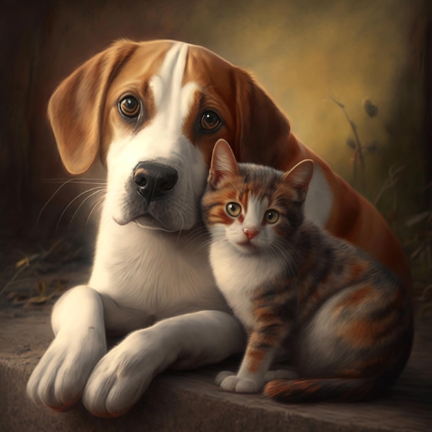 A painting of a dog and a cat