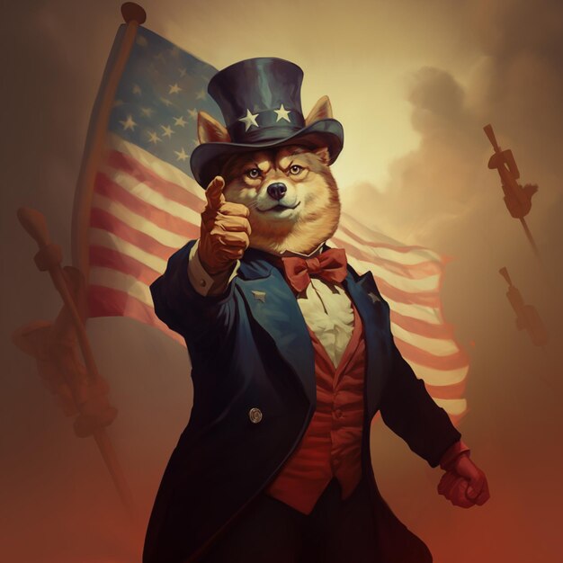 painting of a dog dressed in a top hat and suit with a flag generative ai