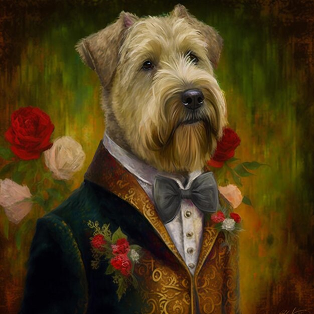 Painting of a dog dressed in a tuxedo with roses generative ai