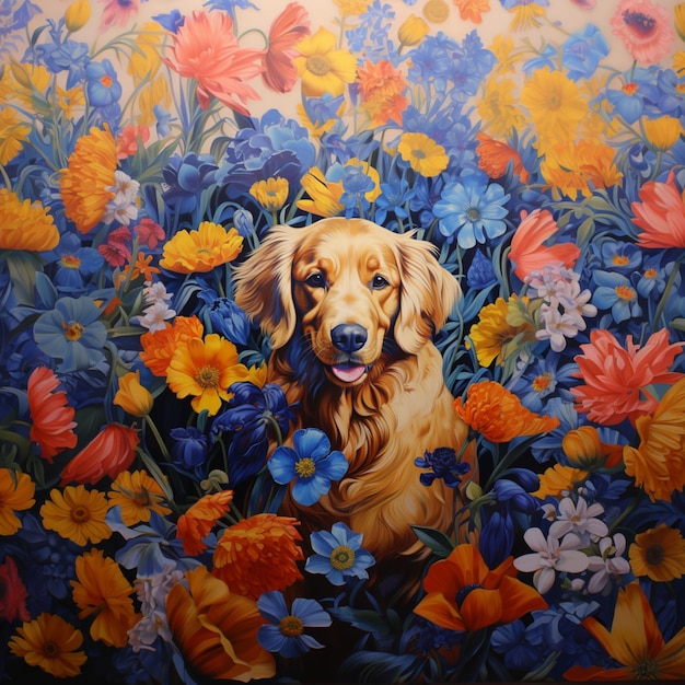 painting of a dog in a field of flowers with a background of flowers generative ai