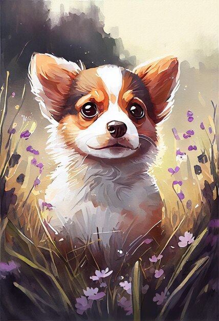 Картина собаки в поле цветов с небесным фоном