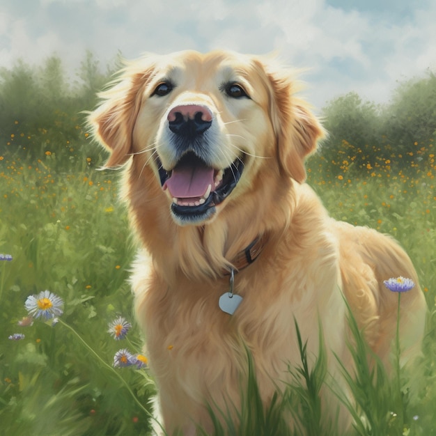 Painting of a dog in a field of flowers with a sky background generative ai