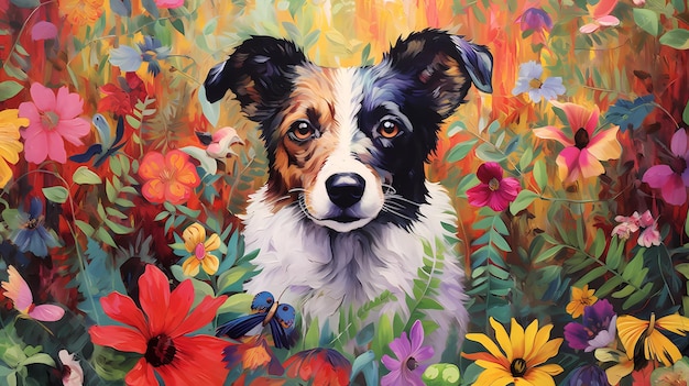 A painting of a dog in a field of flowers.