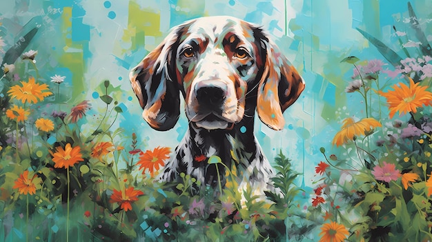 A painting of a dog in a field of flowers.