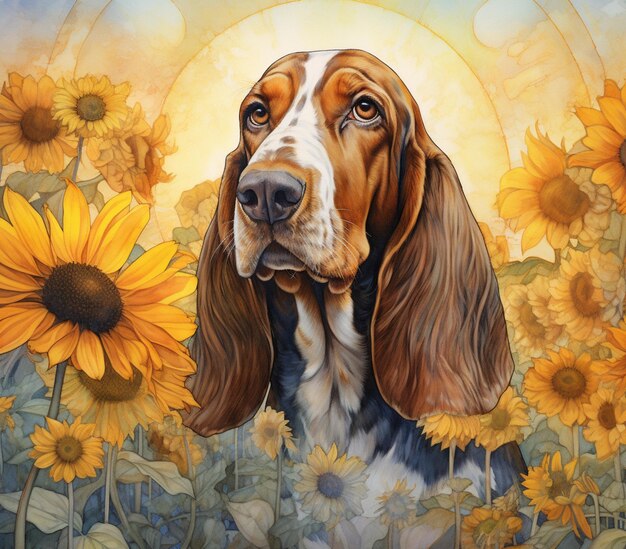 Painting of a dog in a field of sunflowers with a sun in the background generative ai