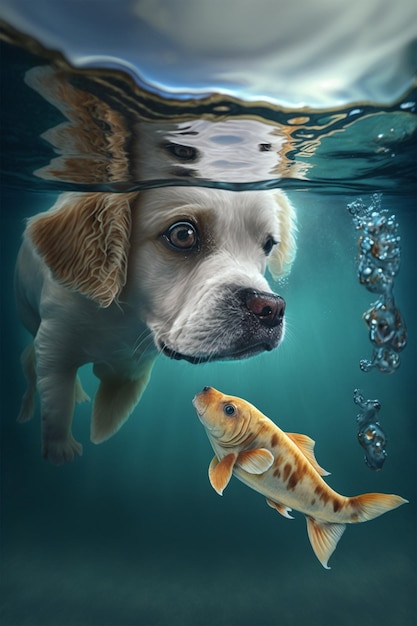 A painting of a dog and a fish