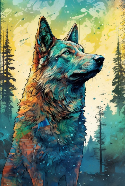 Painting of a dog in a forest with a sunset in the background generative ai