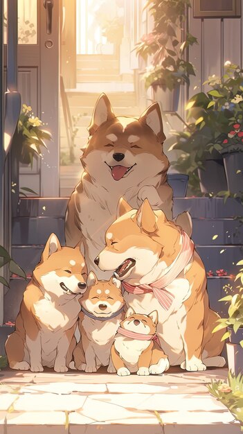 Photo a painting of a dog and her pups