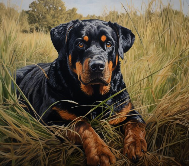 Photo painting of a dog laying in a field of tall grass generative ai