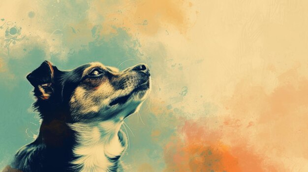 A painting of a dog looking up at the sky