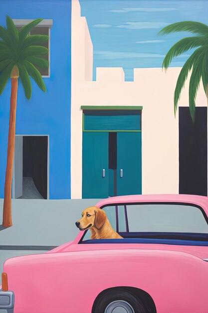 Photo a painting of a dog in a pink car with palm trees in the background