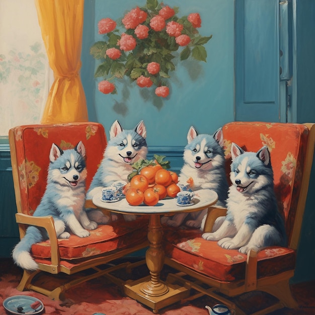 a painting of a dog and a plate of fruit on a table.