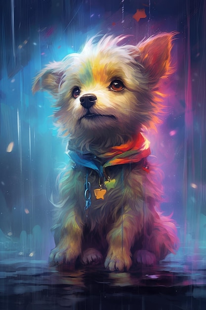 A painting of a dog in the rain