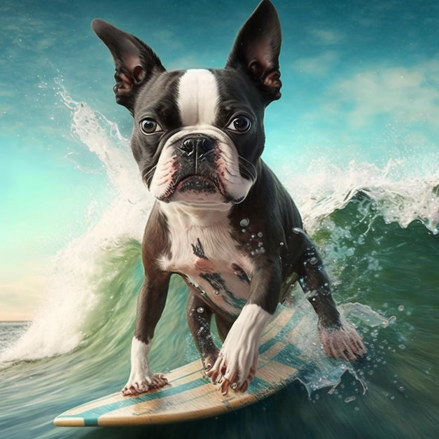 Painting of a dog riding a surfboard on a wave generative ai