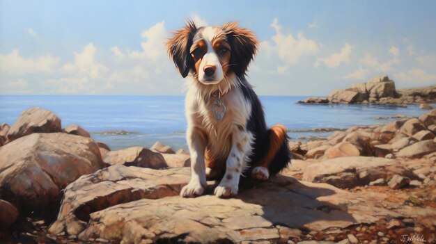 A painting of a dog on a rock by the sea