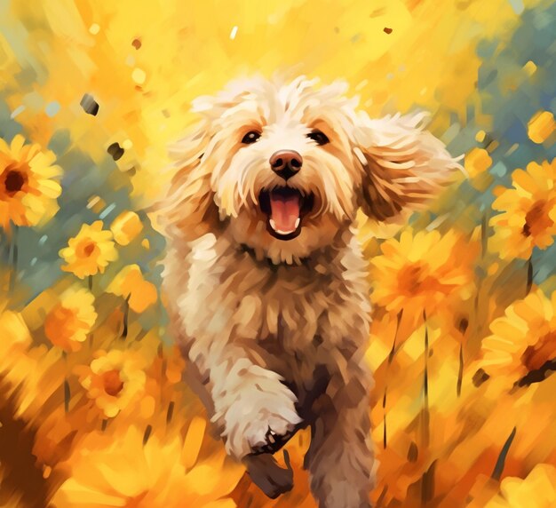 Painting of a dog running through a field of yellow flowers generative ai