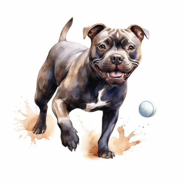 Foto dipinto di un cane che corre con una palla in bocca generativo ai