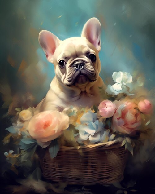 painting of a dog sitting in a basket with flowers generative ai