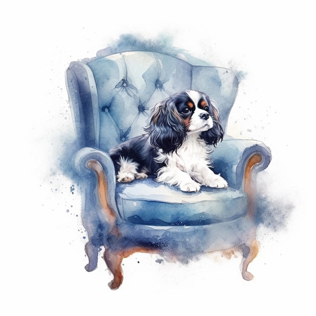 Painting of a dog sitting in a blue chair with a white background generative ai