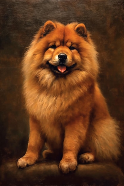 Painting of a dog sitting on a chair with a dark background generative ai