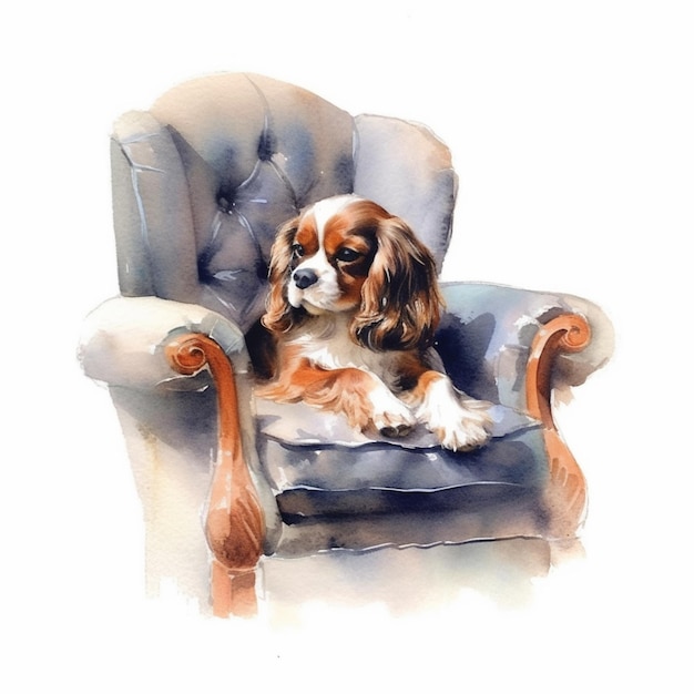 Painting of a dog sitting in a chair with a pillow generative ai