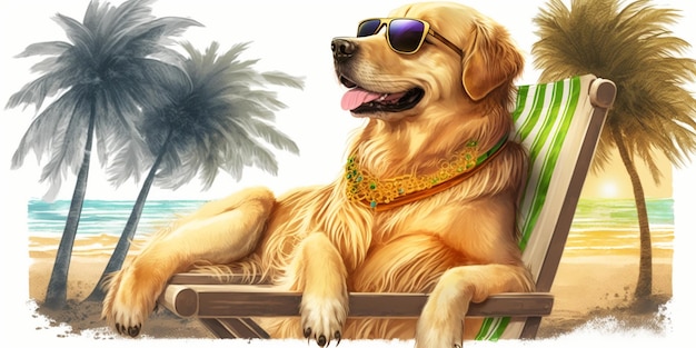 Painting of a dog sitting in chair with wearing sunglasses generative ai