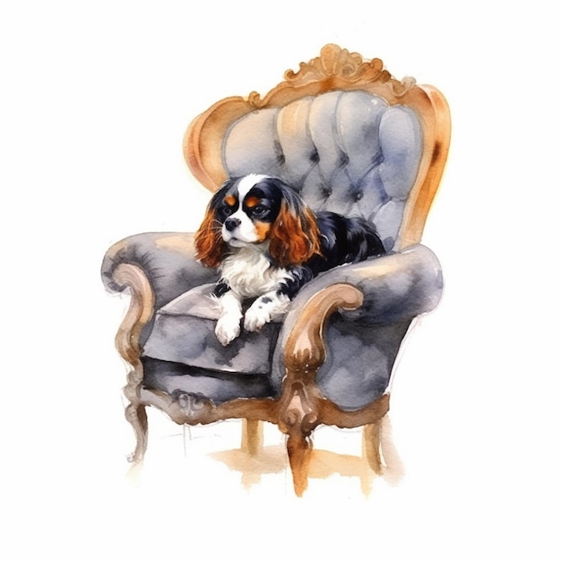 Painting of a dog sitting in a chair with a white background generative ai