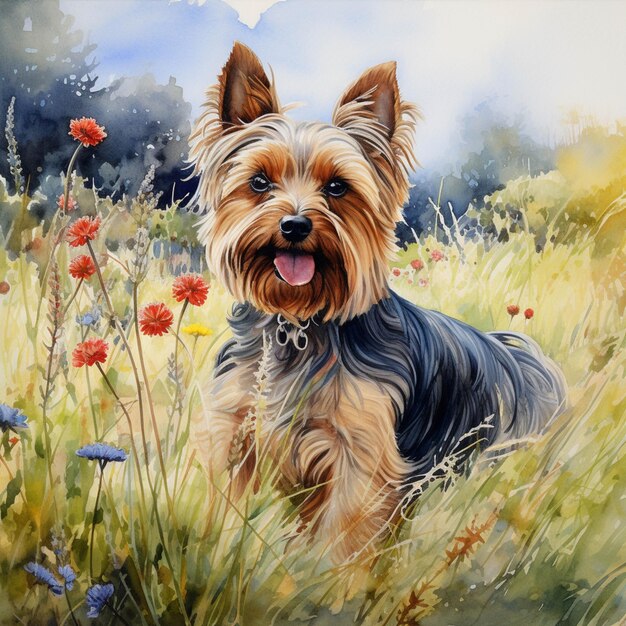 Painting of a dog sitting in a field of flowers generative ai