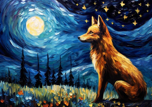 Painting of a dog sitting in a field with a full moon in the background generative ai
