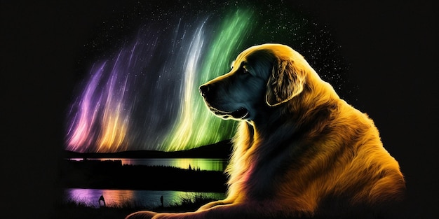 Painting of a dog sitting on rock in front colorful aurora generative ai