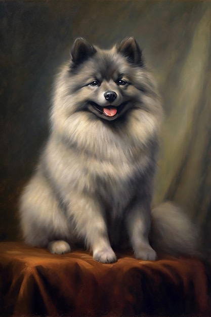 Painting of a dog sitting on a table with a brown cloth generative ai