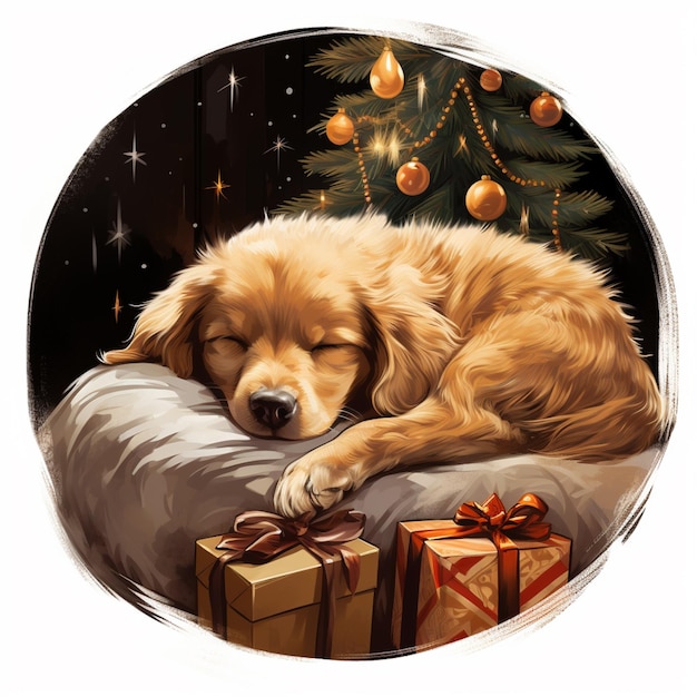 배경에 크리스마스 트리와 함께 베개 위에 잠을 자는 개의 그림