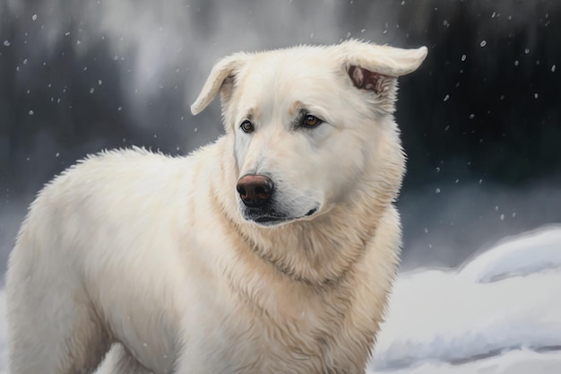 A painting of a dog in the snow