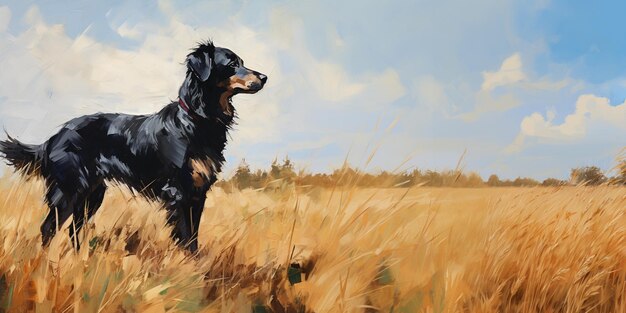 painting of a dog standing in a field of tall grass generative ai