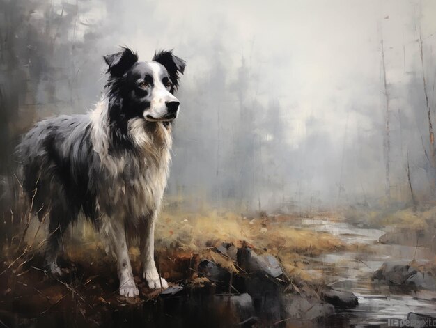 Painting of a dog standing on a rock in a field generative ai