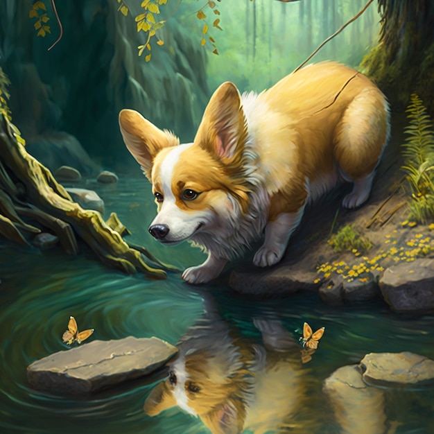 Painting of a dog standing on a rock in a stream generative ai