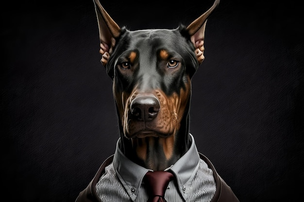 A painting of a dog in a suit with a tie that says doberman on it.