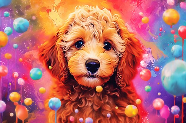Картина собаки в окружении воздушных шаров и звезд генеративный искусственный интеллект