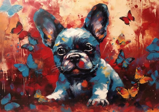 Painting of a dog surrounded by butterflies and butterflies generative ai