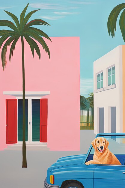 a painting of a dog swimming in a pool with a palm tree and a house in the background