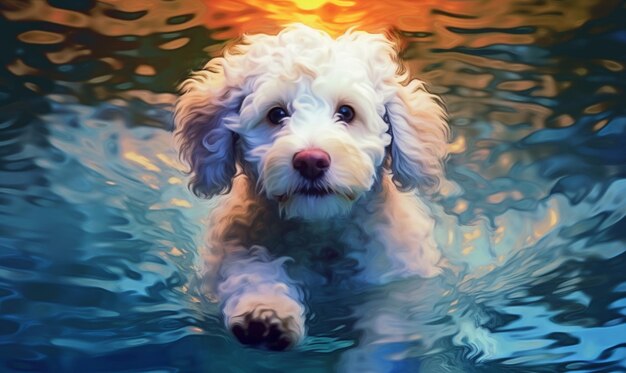 Painting of a dog swimming in a pool with a sun in the background generative ai