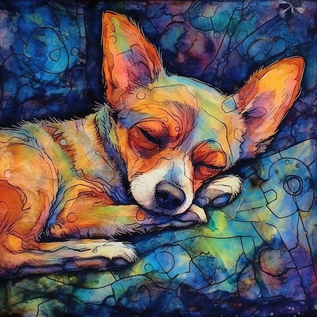 A painting of a dog that is colored with different colors
