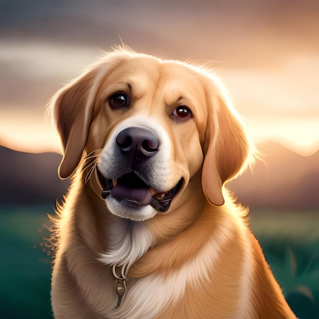 A painting of a dog that is on a field